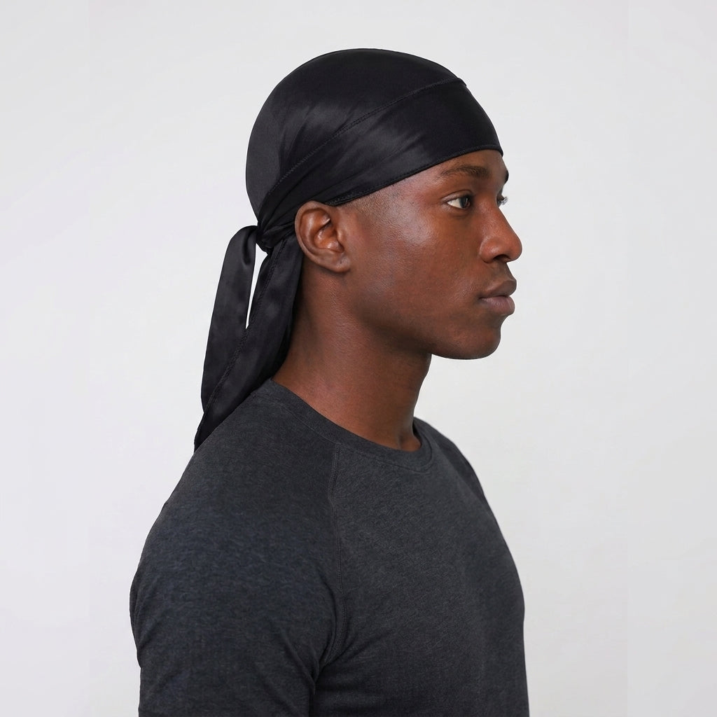 Model wearing the Swavetex S11 black satin durag with smooth fit and wide straps